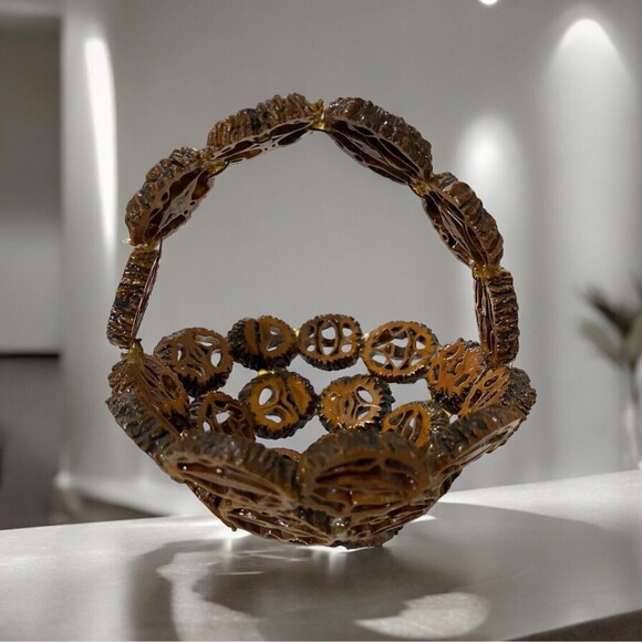 the nutty hobby shop Other - Sliced Black Walnut Basket w/Handle Folk Art Mini Small Hand Made Shell Nut